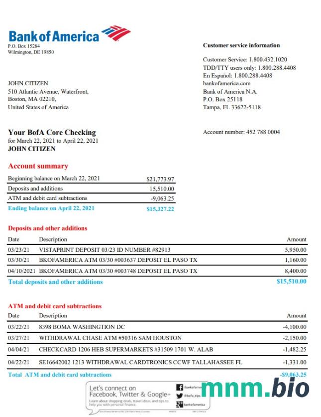 Szablon wyciągu bankowego USA Bank of America w formacie Excel i PDF( 4 strony), Wersja 3